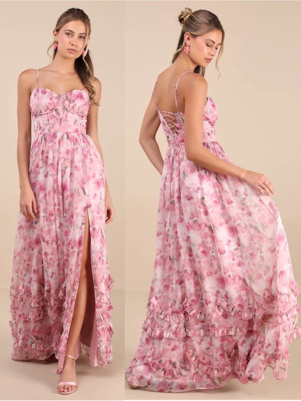 LULUS Floral Chiffon‎ Corset Lace Up Back Bustier Sweetheart Neck Fairy Dress S